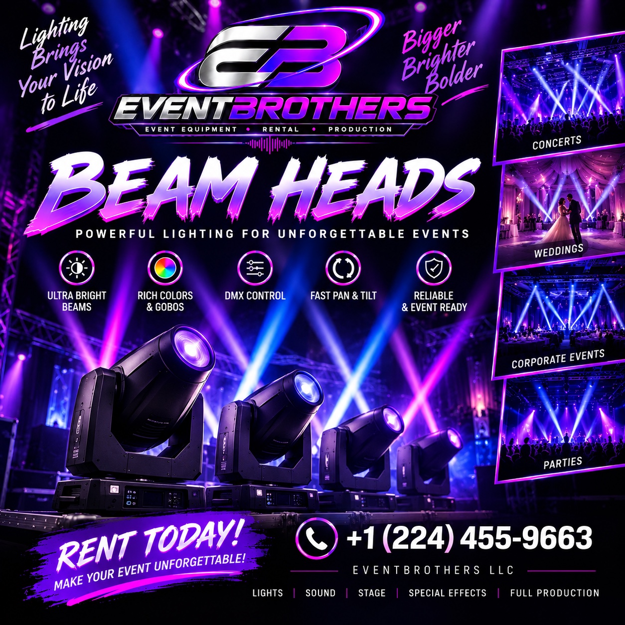 EventBrothers beam head lighting advertisement