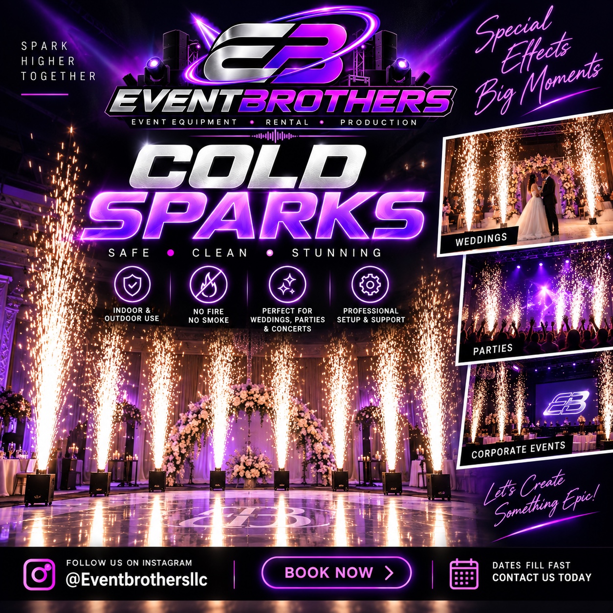 EventBrothers cold sparks rental advertisement