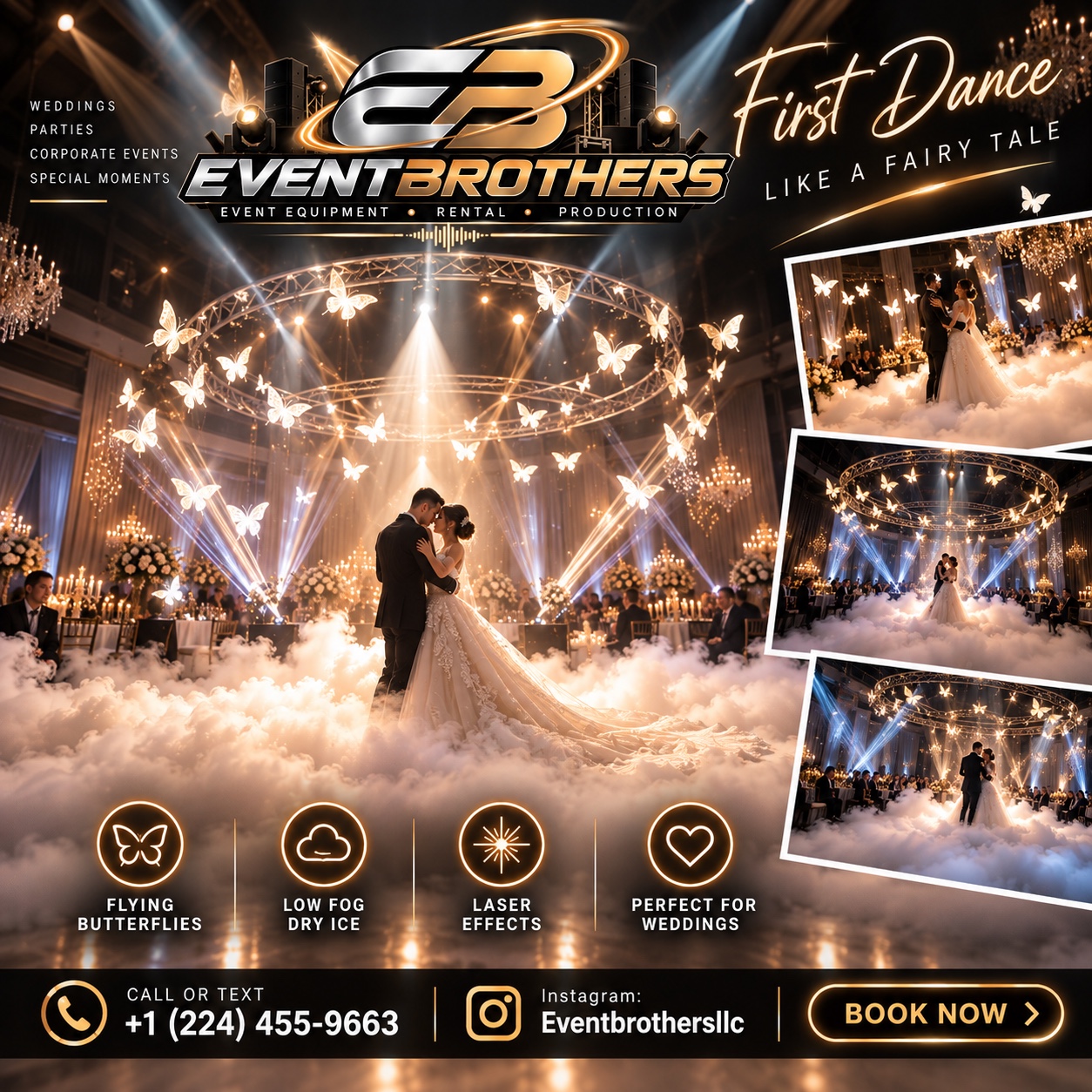EventBrothers fairy-tale first dance with flying butterflies, low fog and laser effects