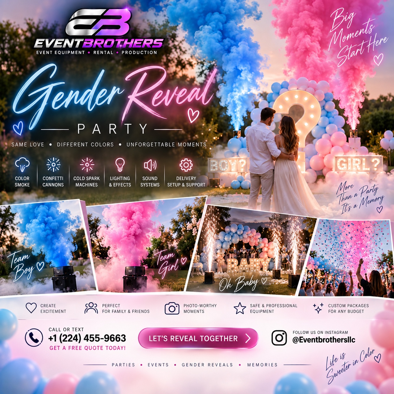 EventBrothers gender reveal party services advertisement
