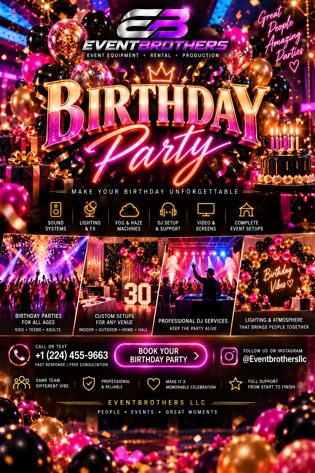 EventBrothers birthday party production advertisement