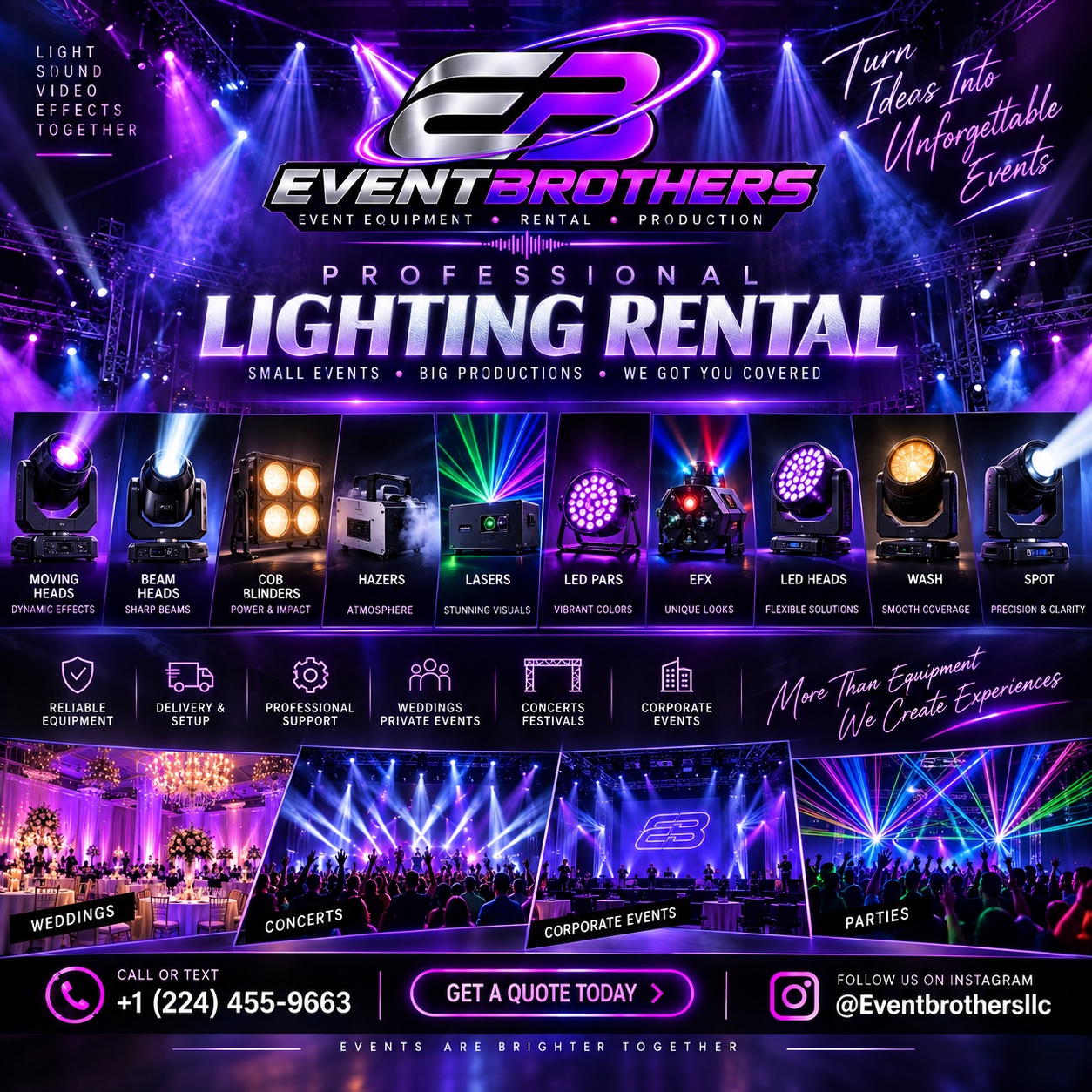 EventBrothers professional lighting rental for weddings concerts corporate events and parties