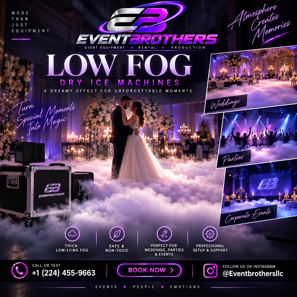 EventBrothers low fog dry ice machines for weddings parties and corporate events